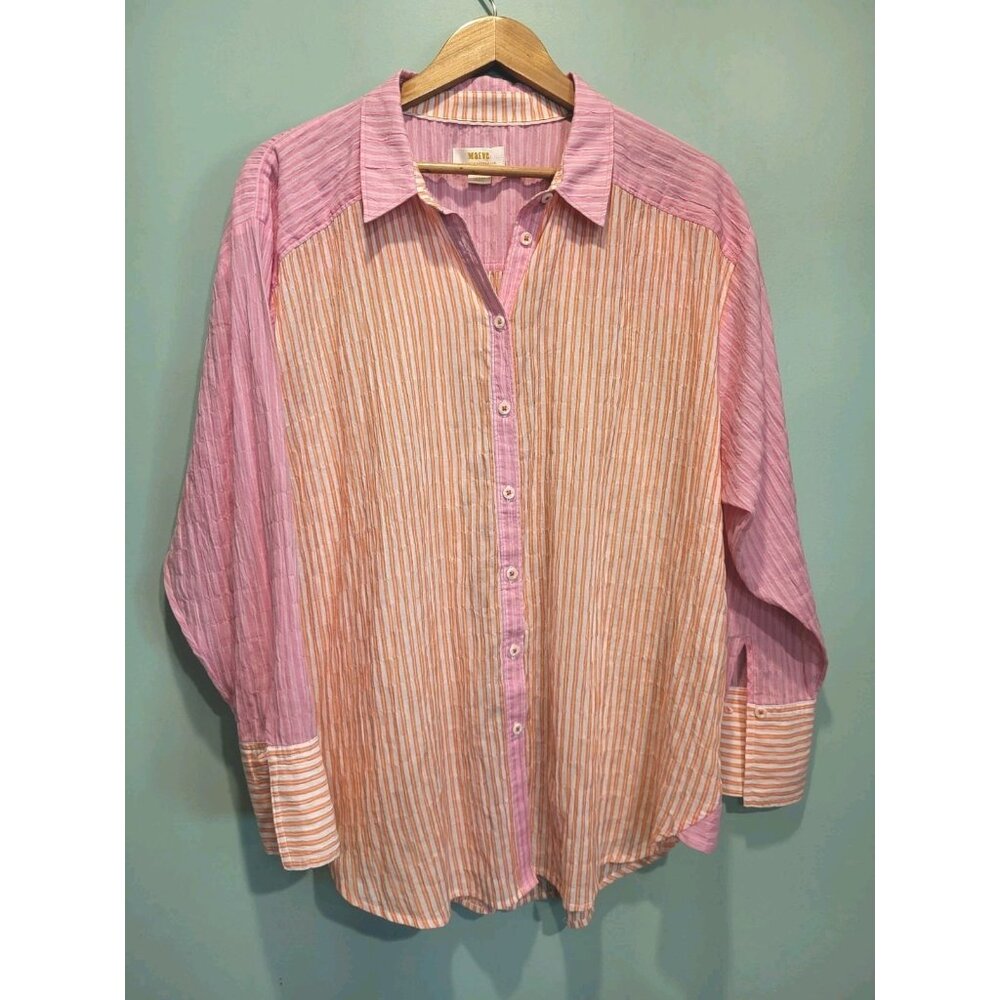 Maeve Pink Orange Stripe Long Sleeve Lightweight Oversized Button Up Shirt L - Picture 1 of 7